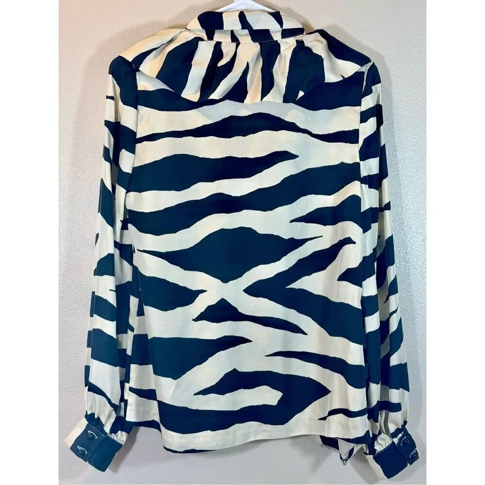 Kate Spade Catarina Zebra Print 100% Silk Ruffle Collar Tie Blouse Women's M